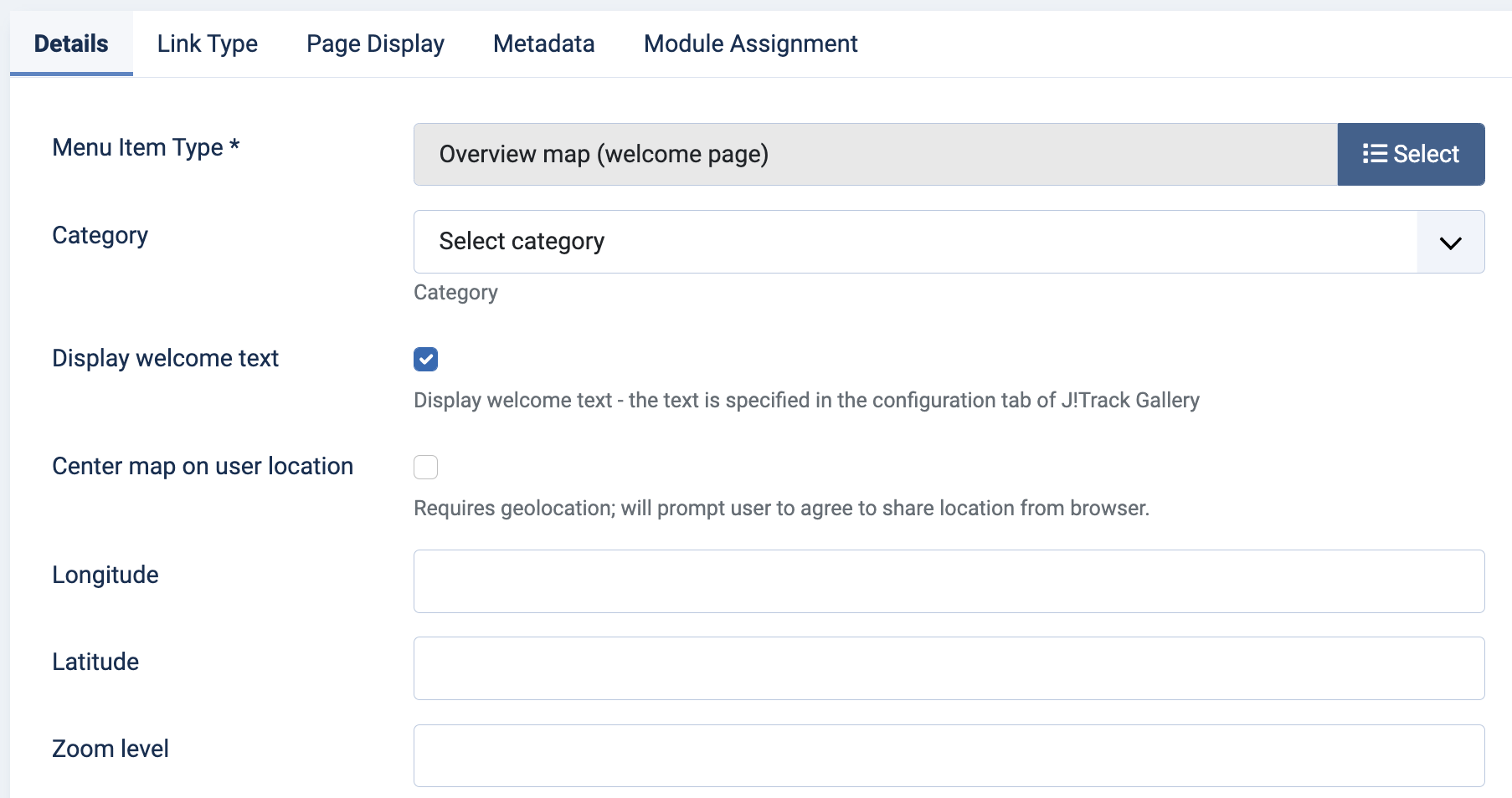 Screenshot of overview map menu item configuration