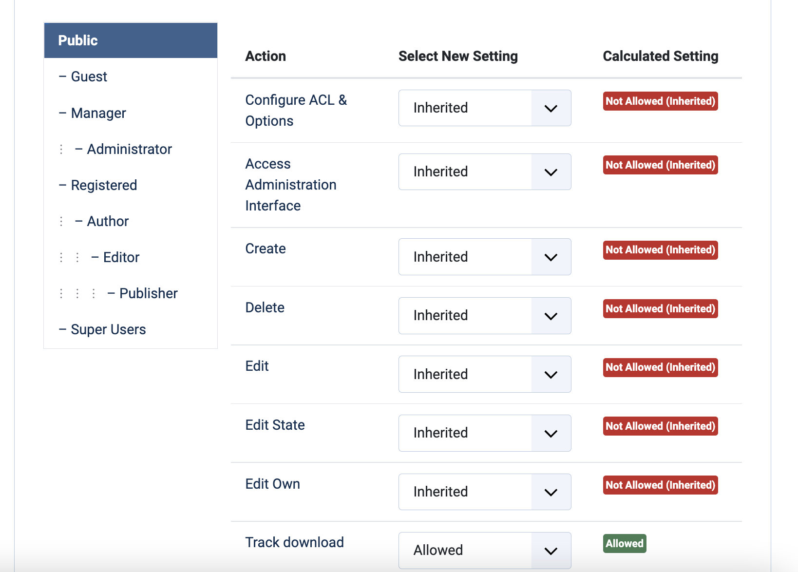 Screenshot of permissions for Public